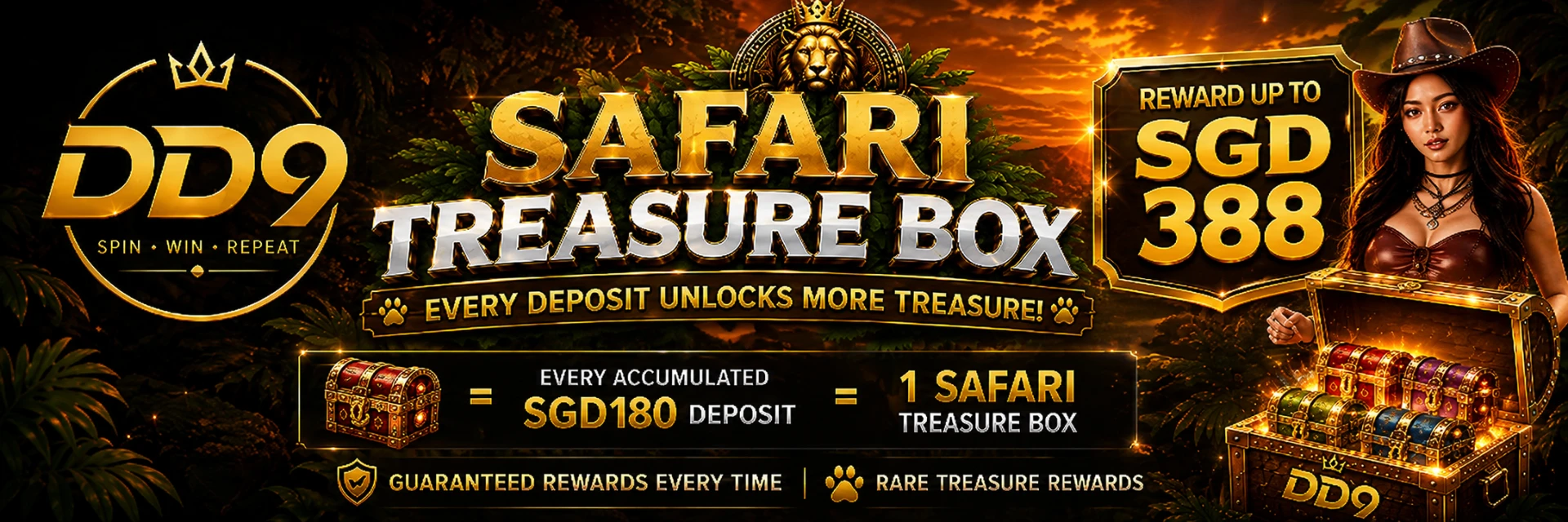 Safari Treasure Box — every SGD180 accumulated deposit unlocks 1 Safari Treasure Box, reward up to SGD388